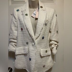 Cinq à Sept Khloe Blazer Ivory Tweed with Multicolor Crystal Embellishments NWT